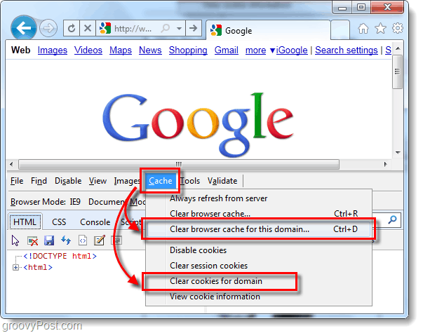 Jak vymazat mezipaměť a soubory cookie aplikace Internet Explorer 9 pro jednotlivé weby