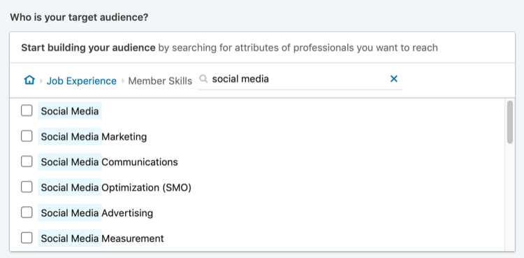 výsledky hledání „sociálních médií“ pro cílení na dovednosti členů LinkedIn