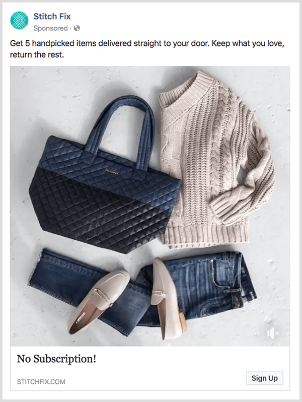 Konverzní reklama na Facebooku od společnosti Stitch Fix má tlačítko Koupit.