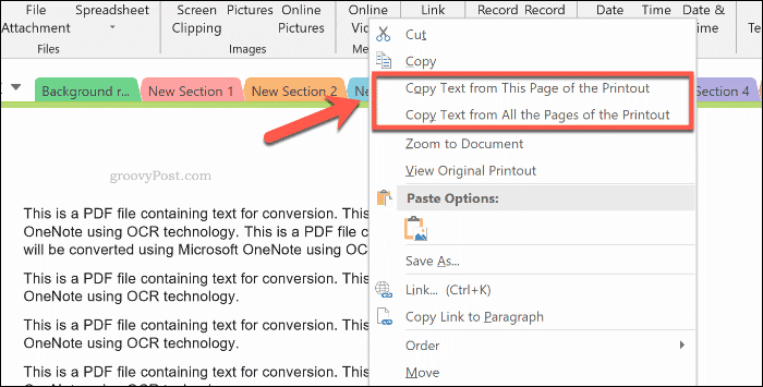 Kopírování textu z výtisku stránky v OneNote