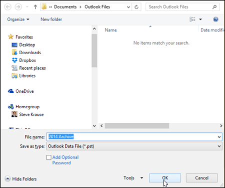 Outlook 2016 - Vyberte název a umístění souboru PST