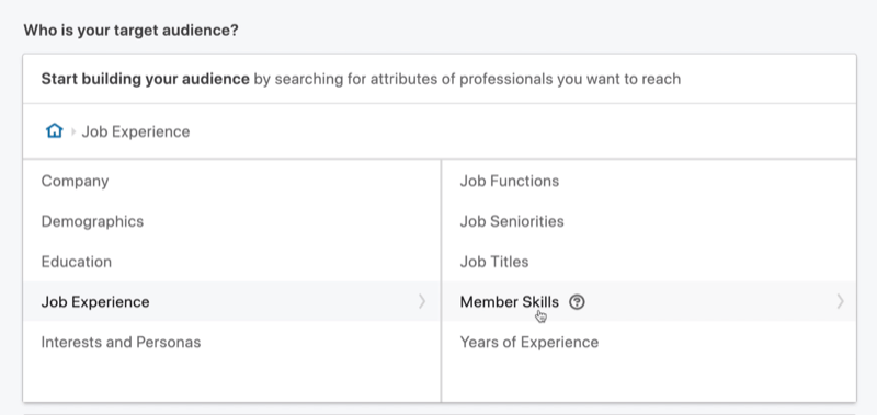 vyberte členské dovednosti pro cílení reklam na zprávy LinkedIn