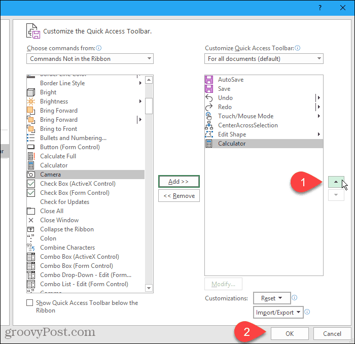 Přesunout kalkulačku nahoru v dialogovém okně Možnosti aplikace Excel