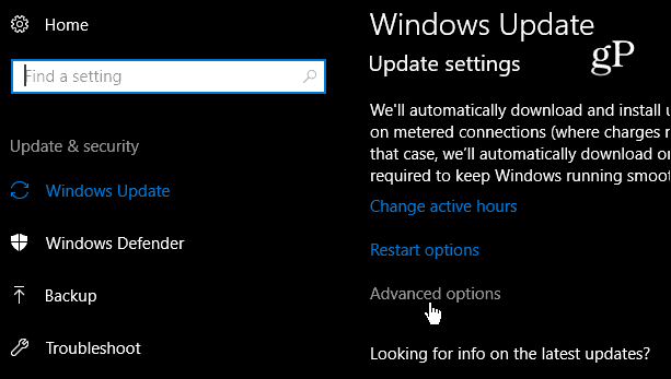 Upřesnit nastavení aktualizace systému Windows 10