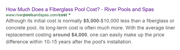 Článek River Pools o nákladech na bazén ze skleněných vláken se při hledání daného tématu zobrazí jako první.