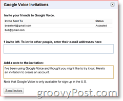 Snímek obrazovky s pozvánkou Google Voice