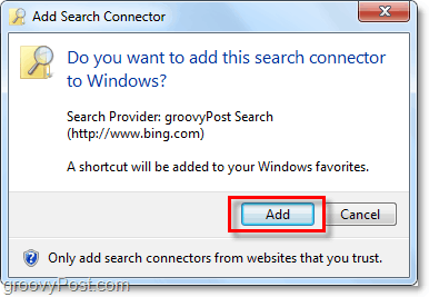 klikněte na přidat, když uvidíte okno pro přidání vyhledávacího konektoru Windows 7