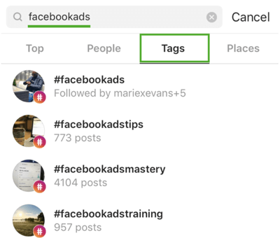 Jak strategicky rozšířit svůj Instagram podle kroku 9, vyhledání příslušných hashtagů, například hledání „facebookads“