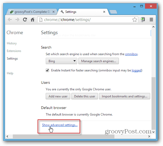 Zobrazit rozšířená nastavení prohlížeče Chrome