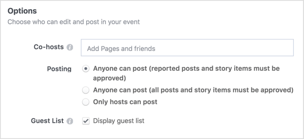 Zadejte názvy obchodních stránek nebo přátel, se kterými sdílíte svou událost na Facebooku.