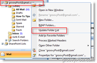 Aktualizujte seznam složek iMAP GMAIL v navigačním panelu aplikace Outlook 2007