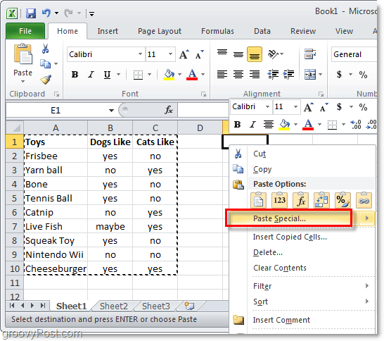 vložit speciální funkci programu Excel 2010