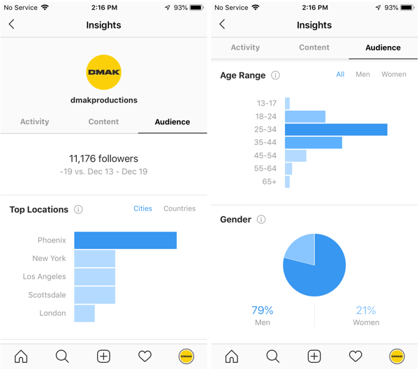 Příklady statistik Instagramu pro účet DMAK Productions na kartě Publikum.