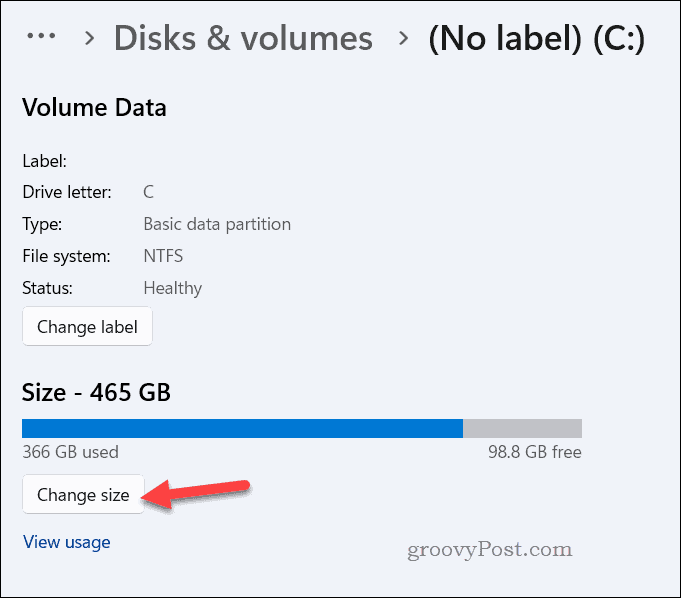 Tlačítko Změnit velikost disku v nastavení Windows 11