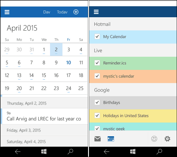 Windows 10 pro telefony kalendáře
