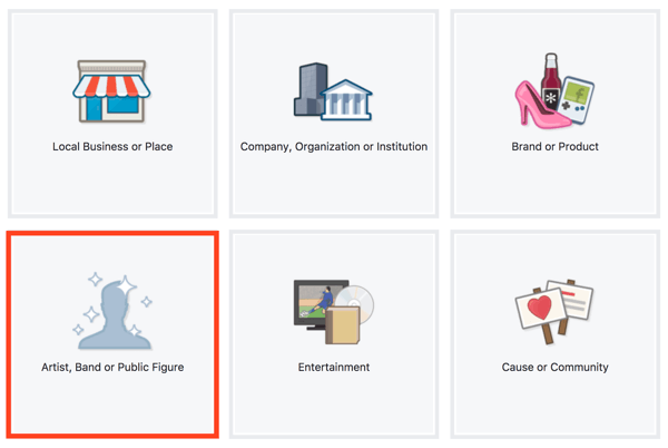 Jako typ stránky na Facebooku vyberte Interpret, Kapela nebo Veřejná osobnost.