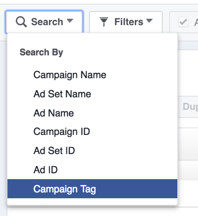 Vyhledejte reklamní kampaně na Facebooku podle značek.