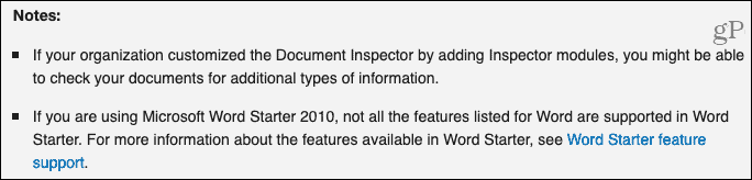Poznámky inspektora dokumentů od podpory společnosti Microsoft