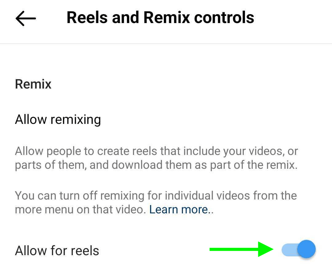 obrázek ovládacích prvků Reels a Remix v nastavení firemního profilu Instagramu