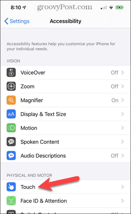 Klepněte na Touch v iPhone Accessibility