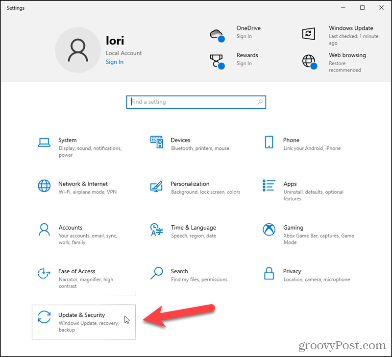 Klikněte na Aktualizace a zabezpečení v Nastavení Windows 10