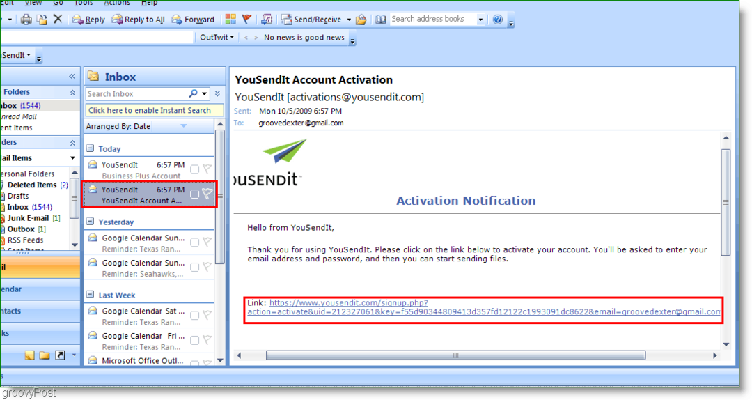 YouSendIt Activation Link v aplikaci Outlook