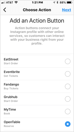 Vyberte tlačítko akce a přidejte jej do svého obchodního profilu Instagramu.
