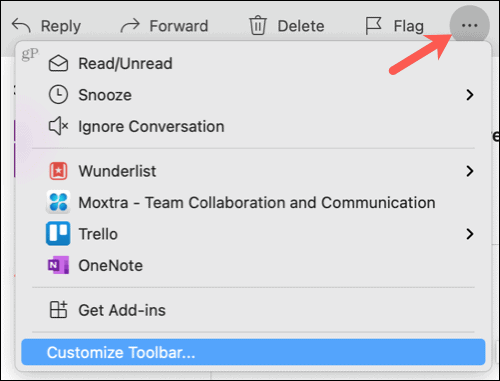 Zobrazit další položky, Přizpůsobit panel nástrojů v aplikaci Outlook na Macu