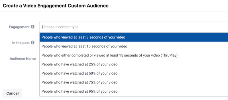 facebook video zapojení vlastní publikum vytvořit menu zobrazující několik možností lidí, kteří si prohlíželi alespoň několik sekund na 25%, 50%, 75% a 95%, nebo se dívali na dokončení