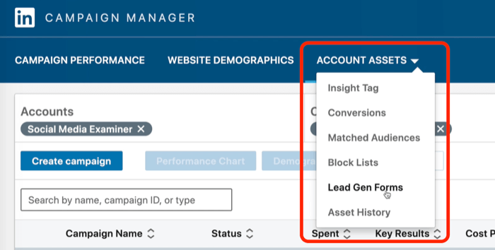 snímek obrazovky formulářů Lead Gen vybraných ve službě LinkedIn Campaign Manager
