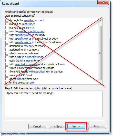nevybírejte žádné podmínky pro odesílání e-mailů aplikace Outlook 2010
