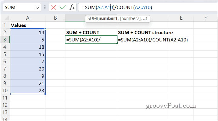 Výpočet průměrů pomocí SUMCOUNT v Excelu