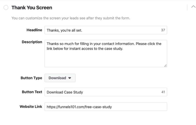 Sekce s poděkováním obrazovky v procesu nastavení formuláře pro zájemce o Facebook