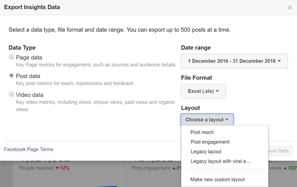 Vyberte rozložení při exportu vašich statistik údajů o příspěvcích na Facebooku.