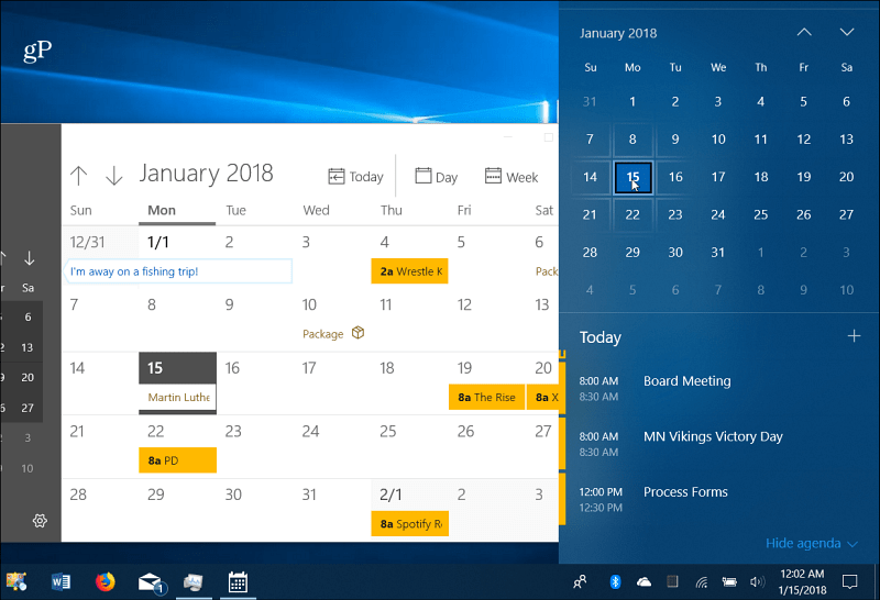 Události kalendáře Windows 10 na hlavním panelu