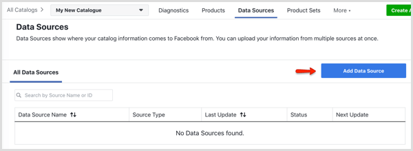 Tlačítko Přidat zdroj dat na kartě Zdroje dat ve Správci katalogu Facebook