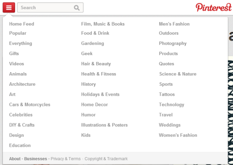 Sekce nových kategorií na Pinterestu
