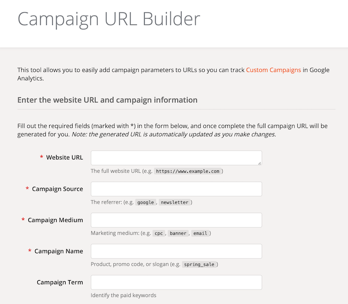 Pole formulářů URL nástroje pro vytváření URL kampaně Google Analytics