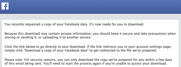 Až bude váš archiv připraven ke stažení, Facebook vám pošle e-mail.