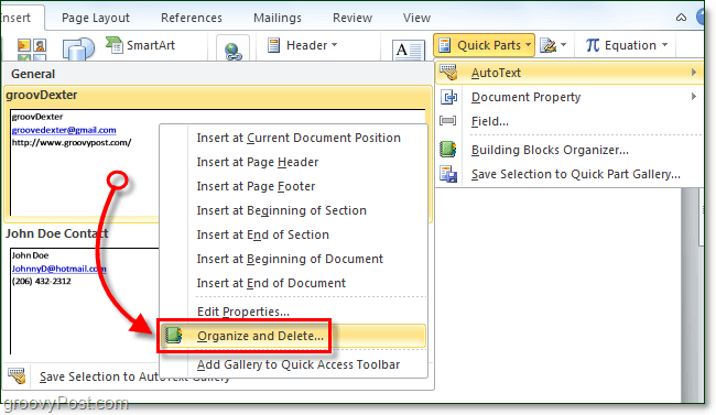 Návod k použití rychlých součástí Autotext v sadě Office 2010