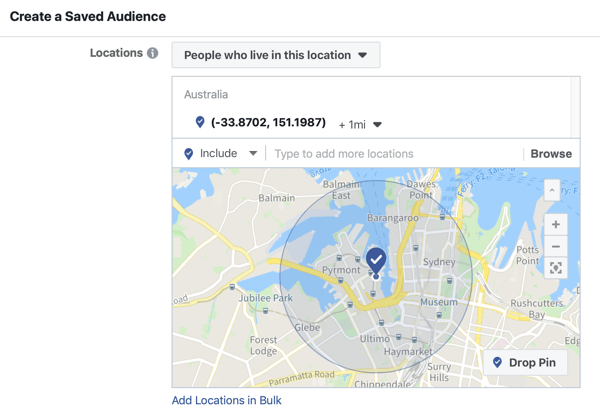 Jak propagovat živou událost na Facebooku, krok 5, možnost vytvořit uložené publikum na základě umístění události