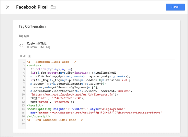 Ve Správci značek Google klikněte na možnost Vlastní HTML a vložte kód sledování, který jste zkopírovali z Facebooku, do pole HTML.