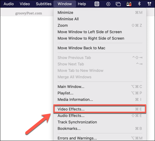Otevření nabídky video efektů VLC na Macu