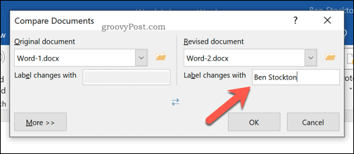 Nastavení štítku pro revidované změny v nástroji pro porovnávání dokumentů Word