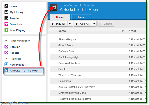 rychlý přístup k seznamu skladeb Grooveshark