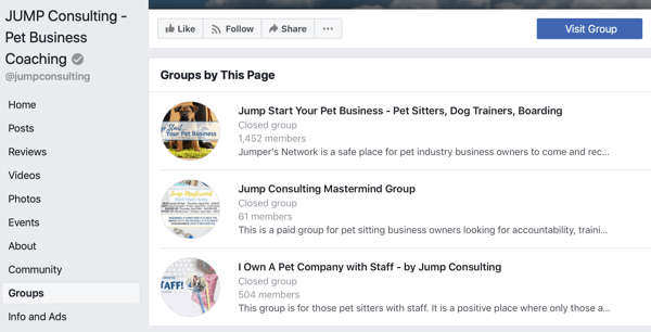 Jak používat funkce skupin na Facebooku, příklad skupin na stránce na Facebooku, JUMP Consulting
