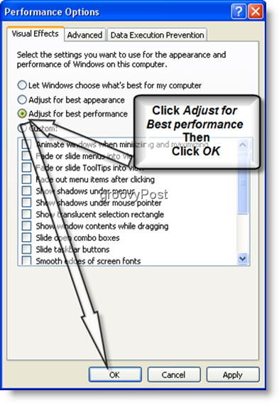 Windows XP Adjust pro nejlepší výkon