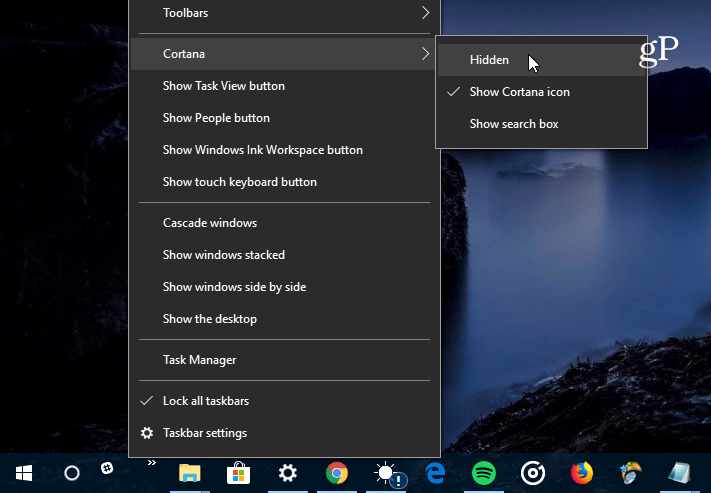 skrýt vyhledávací pole Cortana
