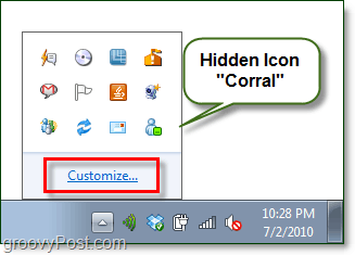 skrytá ikona ohrady v systému Windows 7