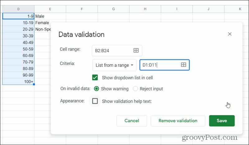 okno ověření dat v Tabulkách Google
